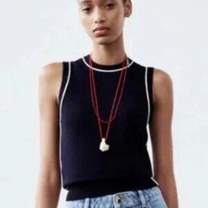Zara Sleeveless Navy Blue w/White Trim Knit Crewneck Sweater Tank Top Sz Small